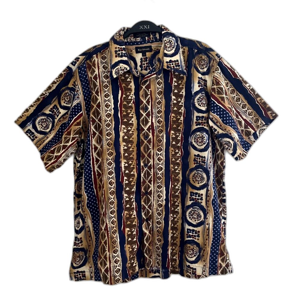 MARC EDWARDS Vintage Cotton Single Stitch Boho Aztec Tribal Button Down, Tan- L